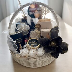 podziękowania dla rodziców, podziękowanie ślubne dla rodziców, Kochani Rodzice, kosz prezentowy wiklinowy, słodycze, GLAMOUR, BOHO, podziękowania